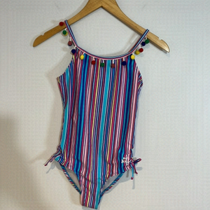 Betsey Johnson Girls One Piece Striped Bathing Suit with Pom Poms size 14